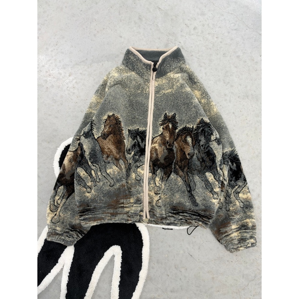 Outback Trading Co Morning Run Fleece Jacket Wild Horse Print Grey Mens Medium